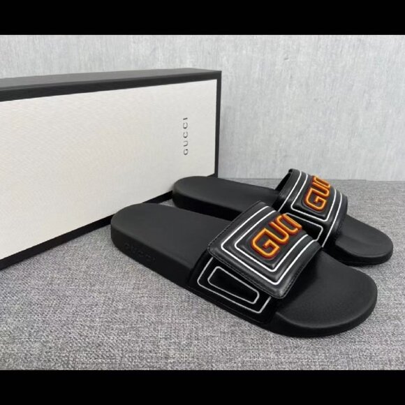 NIB Authentic Gucci Mens Online Leather Sandals In Black - Picture 1 of 12